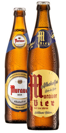 Alkoholfreies Bier mit der alten Etikette im Hintergrund und der neuen Etikette im Vordergrund